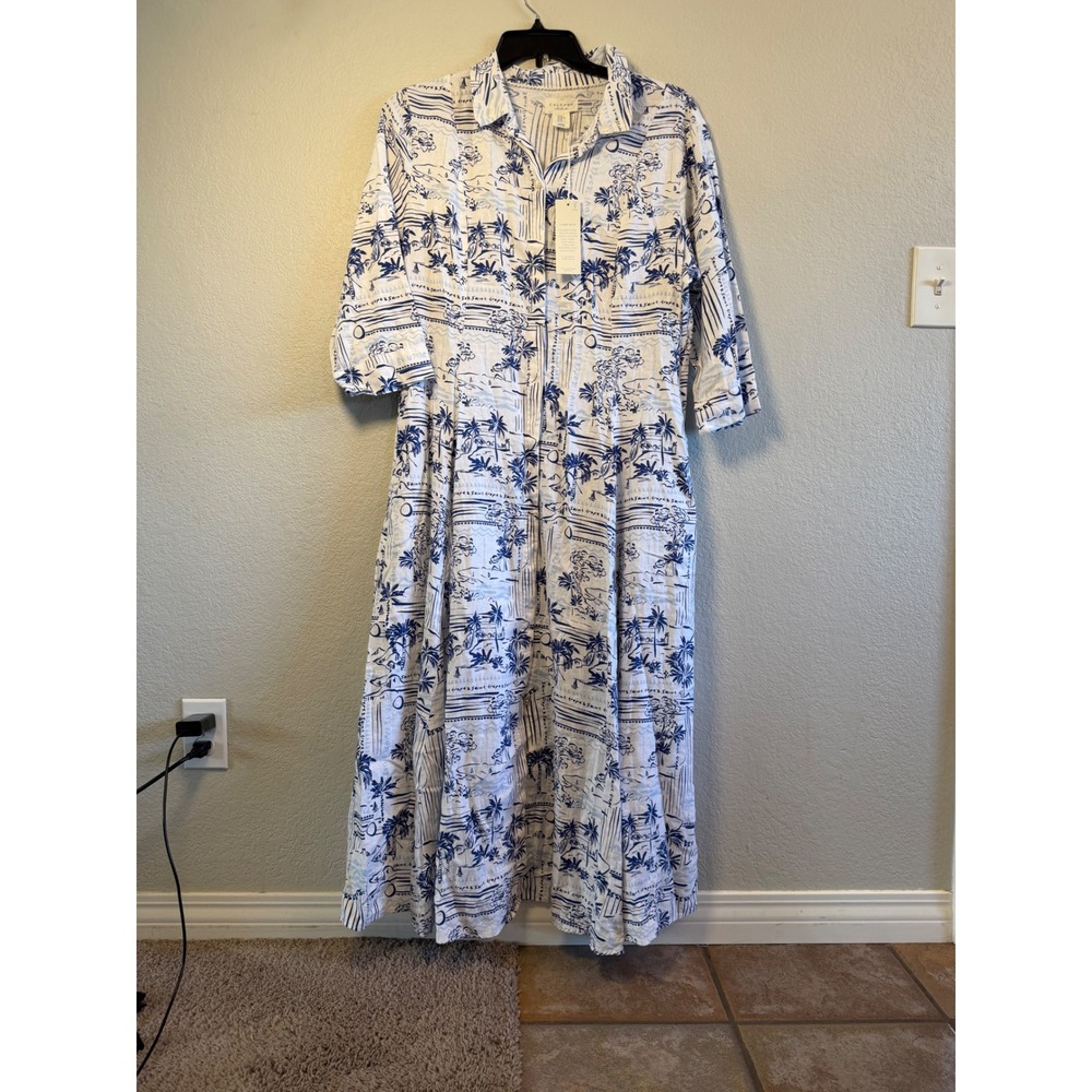 Calypso St Barth Linen Blend Maxi Shirt Dress Saint Tropez Palm Print Blue White